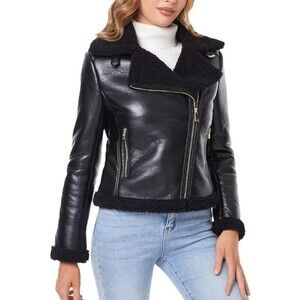 NEW Women’s Faux Leather Moto Jacket With Faux Shearing Lining Size Small Black